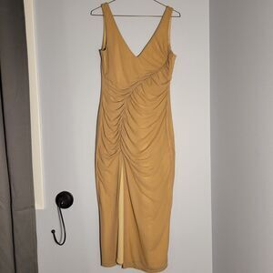 Michael Costello x REVOLVE Misha Midi Dress Ruched Beige Low Back Mesh Medium